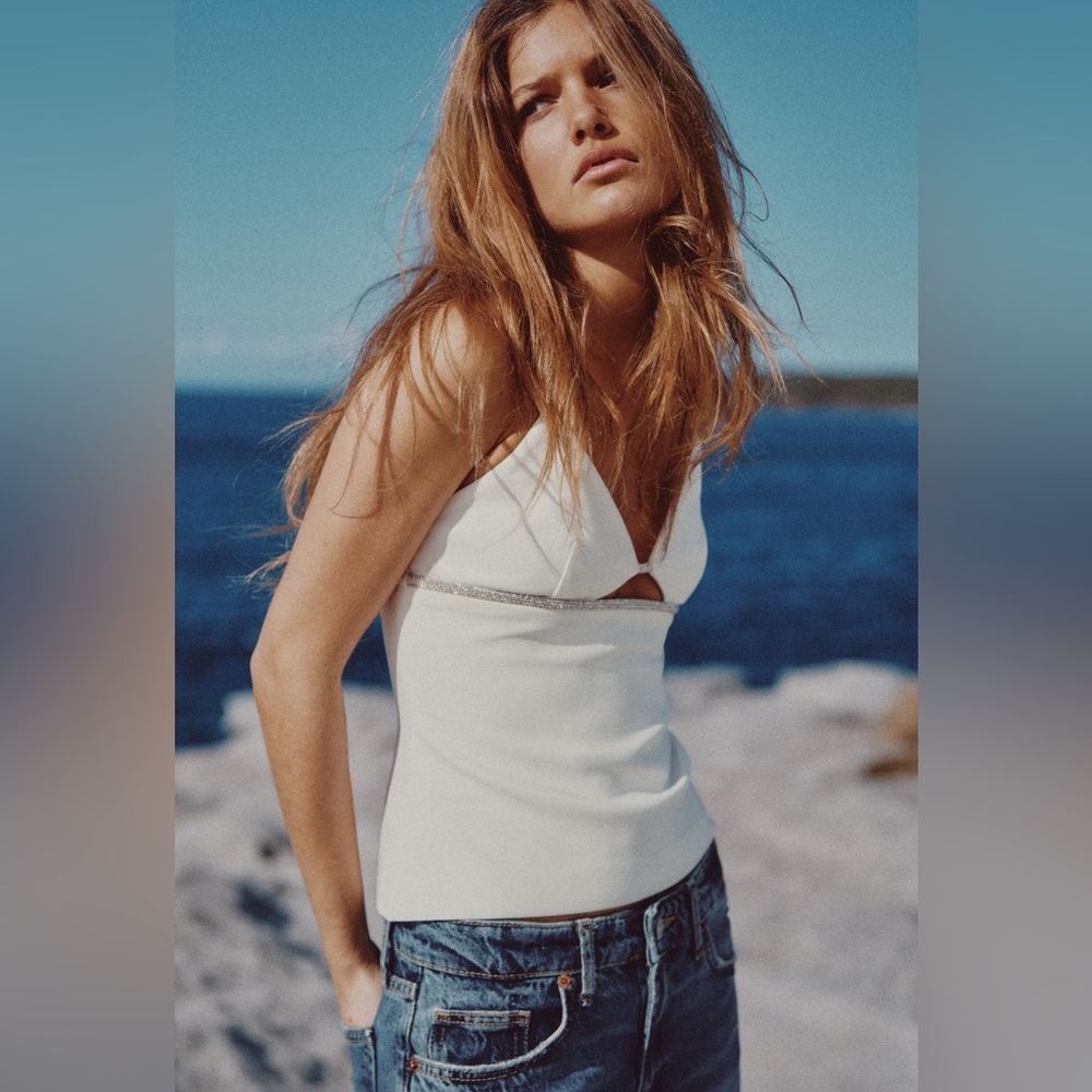 NWT Zara White Rhinestone Top Size Medium